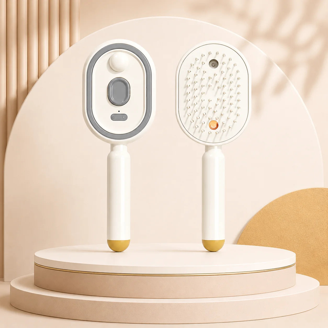Mistelle Mist Brush in Champagne Beige — self-cleaning hair brush with built-in hydrating mist spray, USB rechargeable